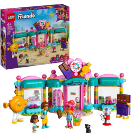 LEGO Friends Donut Shop mit bunter Fassade, fünf Minifiguren und Zubehör im Donut-Design.