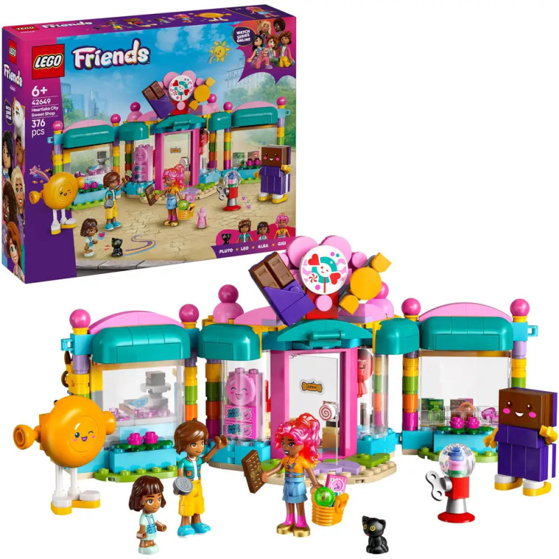 LEGO Friends Donut Shop mit bunter Fassade, fünf Minifiguren und Zubehör im Donut-Design. LEGO Friends Donut Shop mit bunter Fassade, fünf Minifiguren und Zubehör im Donut-Design.