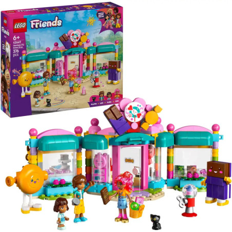 LEGO Friends Donut Shop mit bunter Fassade, fünf Minifiguren und Zubehör im Donut-Design.