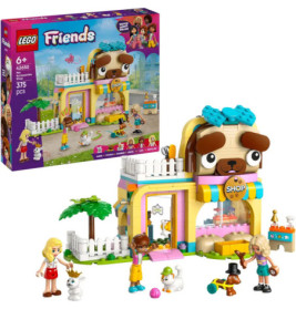 LEGO Friends Hundeladen-Set mit Figuren, Tieren und Laden Verpackung im Hintergrund sichtbar.