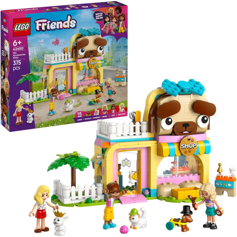 LEGO Friends Hundeladen-Set mit Figuren, Tieren und Laden; Verpackung im Hintergrund sichtbar. LEGO Friends Hundeladen-Set mit Figuren, Tieren und Laden; Verpackung im Hintergrund sichtbar.