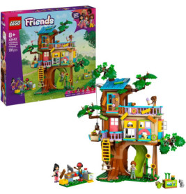 LEGO Friends Baumhaus-Set mit buntem Baumhaus, Figuren und Verpackung im Hintergrund.