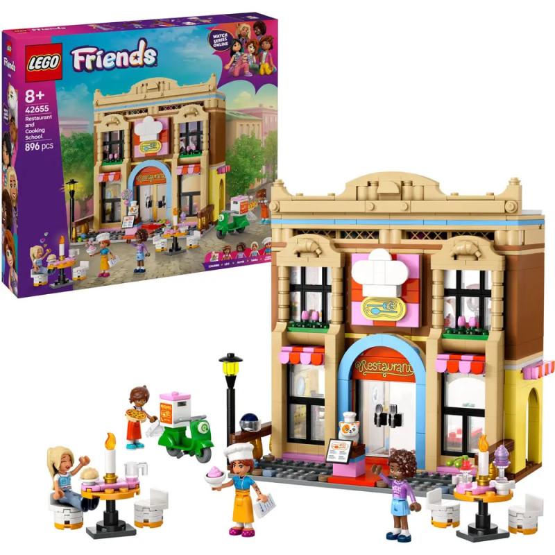 LEGO Friends Restaurant-Set mit Figuren, Außentischen und Verpackung mit dem aufgebauten Modell im Hintergrund. LEGO Friends Restaurant-Set mit Figuren, Außentischen und Verpackung mit dem aufgebauten Modell im Hintergrund.