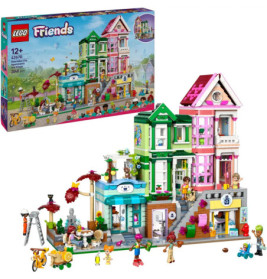 LEGO Friends Heartlake City Main Street Set mit bunten Gebäuden, Minifiguren, Zubehör und Verpackung.