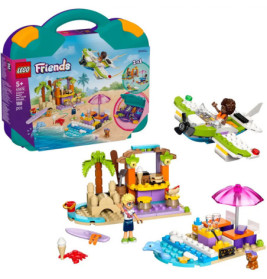 LEGO Friends Strandset mit Figuren, Surfbrett, Flugzeug, Strandbar, Schirm und Tragetasche.
