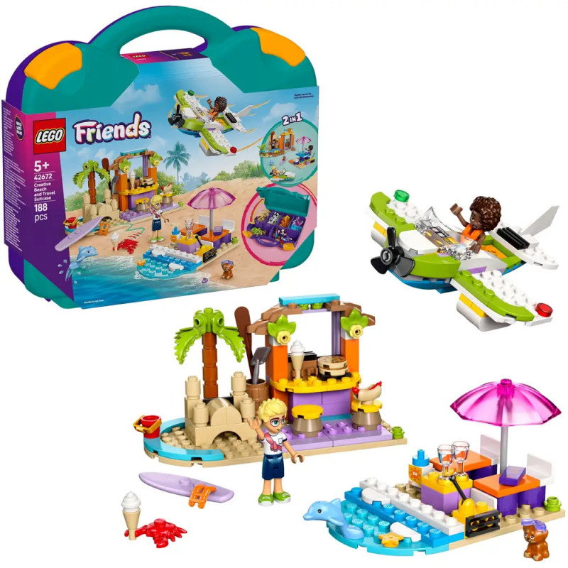 LEGO Friends Strandset mit Figuren, Surfbrett, Flugzeug, Strandbar, Schirm und Tragetasche. LEGO Friends Strandset mit Figuren, Surfbrett, Flugzeug, Strandbar, Schirm und Tragetasche.
