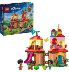 LEGO Disney Encanto Set mit buntem Haus, Figuren, einem Hund und der Verpackung im Hintergrund.