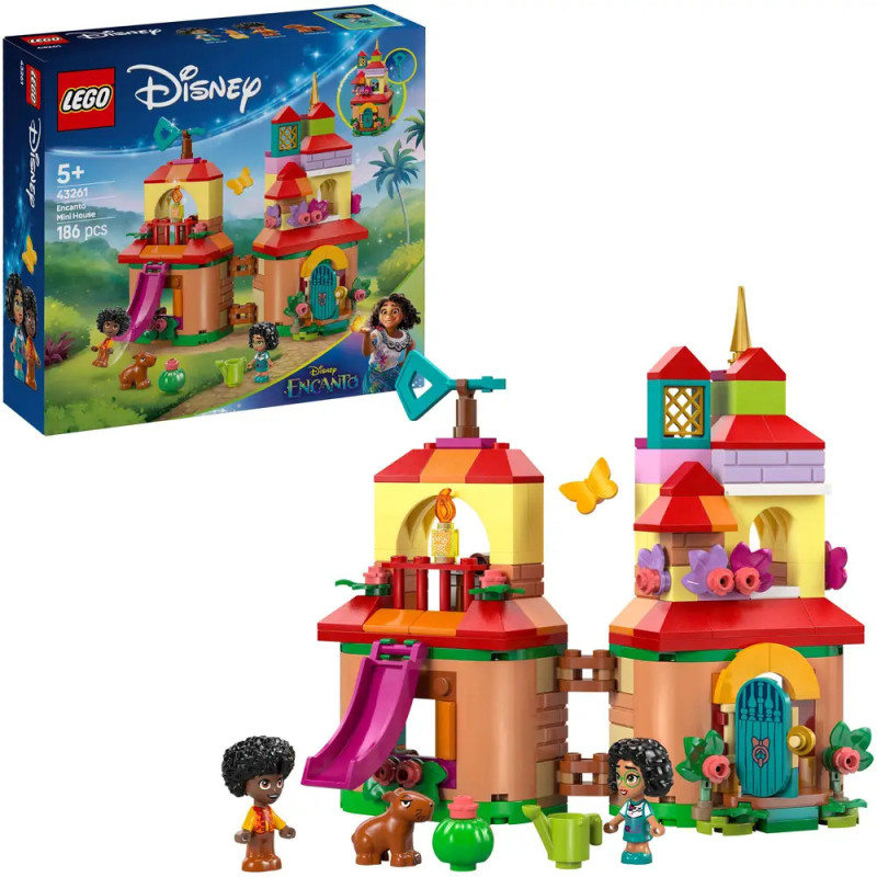 LEGO Disney Encanto Set mit buntem Haus, Figuren, einem Hund und der Verpackung im Hintergrund. LEGO Disney Encanto Set mit buntem Haus, Figuren, einem Hund und der Verpackung im Hintergrund.