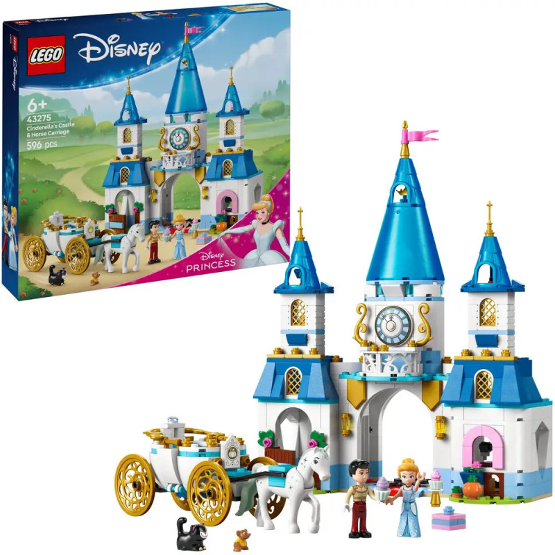 LEGO Disney Schloss-Set: Cinderella mit Figuren, Kutsche, Pferd und der Schlossbox im Hintergrund.
