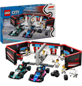 LEGO City Formel 1 Set mit Rennwagen, Box, Boxenstopp, Minifiguren und Zubehör im Hintergrund.