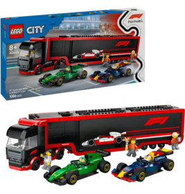 LEGO City Formel-1-Truck mit zwei Rennwagen und Minifiguren, Verpackung im Hintergrund.