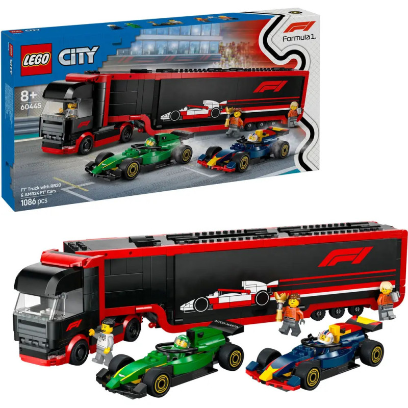 LEGO City Formel-1-Truck mit zwei Rennwagen und Minifiguren, Verpackung im Hintergrund. LEGO City Formel-1-Truck mit zwei Rennwagen und Minifiguren, Verpackung im Hintergrund.
