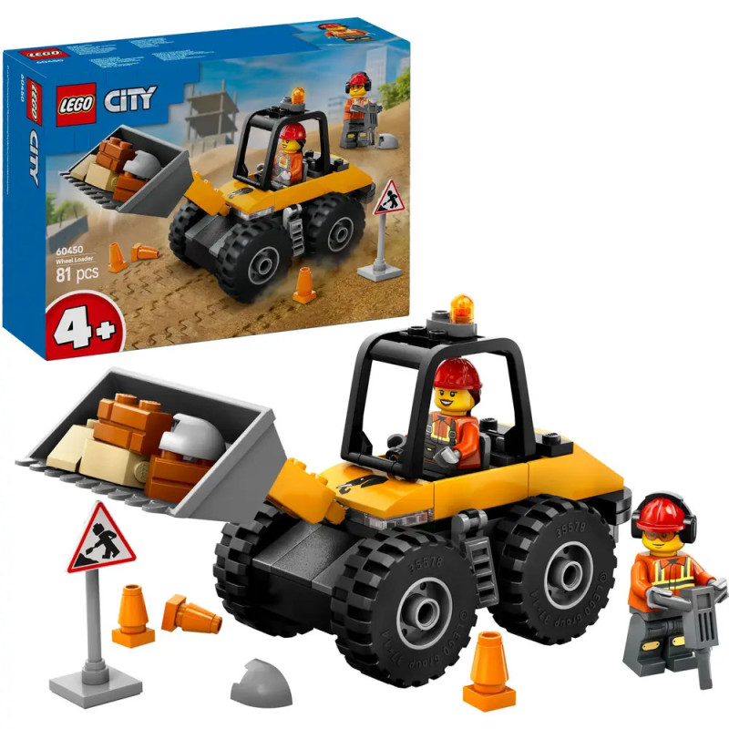 LEGO City Bauset mit Frontlader, zwei Minifiguren, Verkehrskegeln und einem Warnschild. LEGO City Bauset mit Frontlader, zwei Minifiguren, Verkehrskegeln und einem Warnschild.