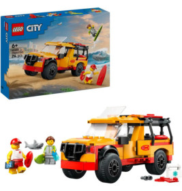LEGO City Set mit gelbem Rettungs-SUV, zwei Minifiguren, Surfbrett und Strandausrüstung.