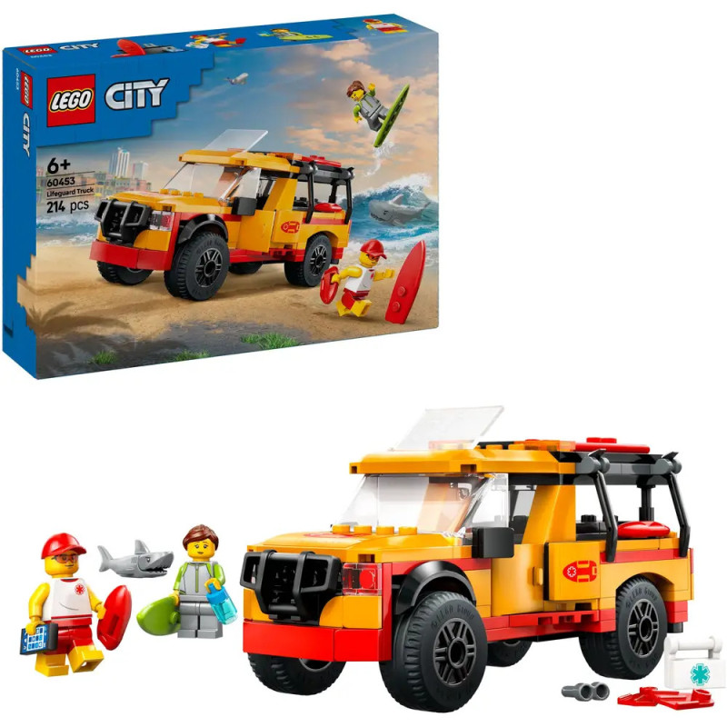 LEGO City Set mit gelbem Rettungs-SUV, zwei Minifiguren, Surfbrett und Strandausrüstung. LEGO City Set mit gelbem Rettungs-SUV, zwei Minifiguren, Surfbrett und Strandausrüstung.