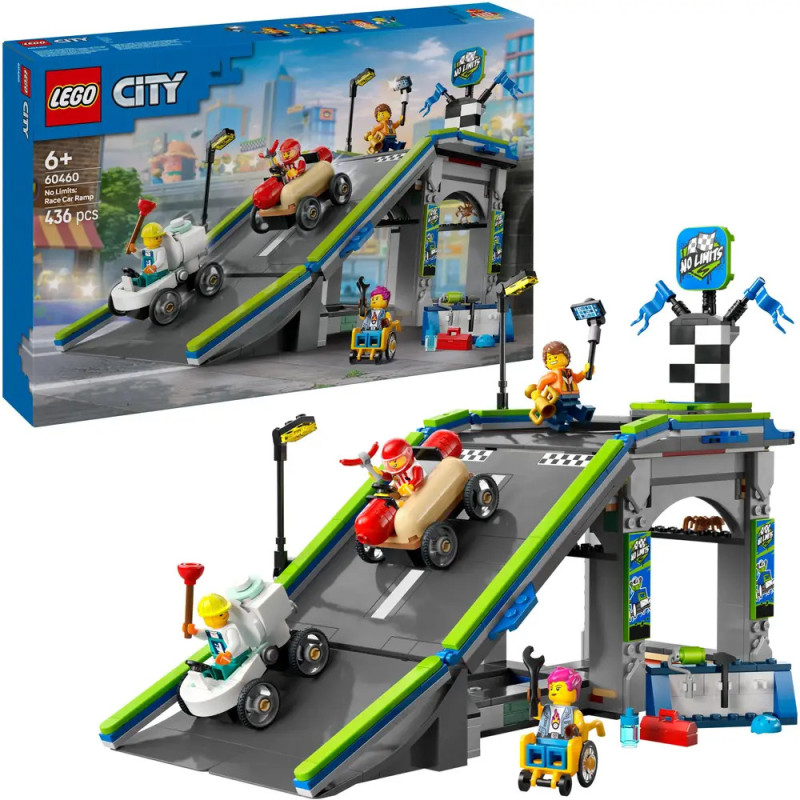 LEGO City Stuntz Set mit Rampen, Motorrädern, Minifiguren und Verpackung im Hintergrund. LEGO City Stuntz Set mit Rampen, Motorrädern, Minifiguren und Verpackung im Hintergrund.