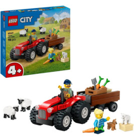 LEGO City Bauernhof-Traktor-Set mit zwei Spielfiguren, Tieren, Zubehör und Verpackung im Hintergrund.