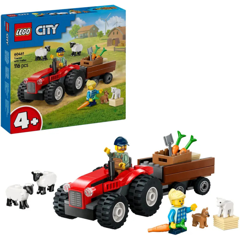 LEGO City Bauernhof-Traktor-Set mit zwei Spielfiguren, Tieren, Zubehör und Verpackung im Hintergrund.