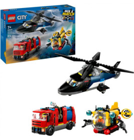 LEGO City Set mit Hubschrauber, Feuerwehrwagen und U-Boot, ab 7 Jahren, 874 Teile.