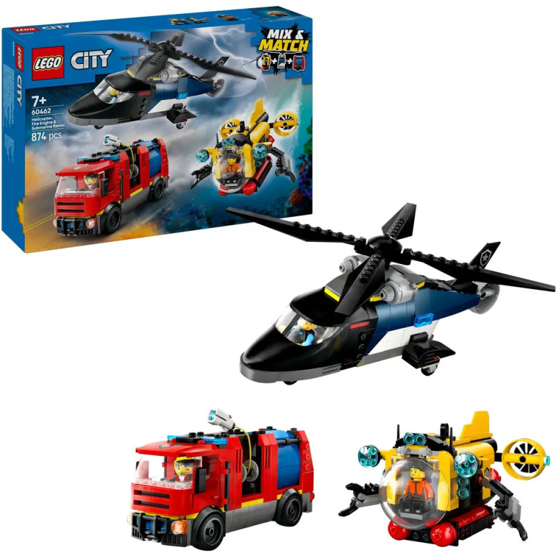 LEGO City Set mit Hubschrauber, Feuerwehrwagen und U-Boot, ab 7 Jahren, 874 Teile. LEGO City Set mit Hubschrauber, Feuerwehrwagen und U-Boot, ab 7 Jahren, 874 Teile.