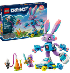 LEGO DREAMZzz Set mit großem lila Roboter-Hasen, zwei Minifiguren und Zubehör vor der Verpackung.