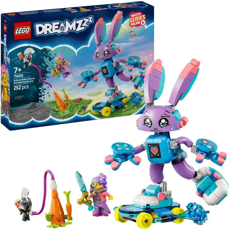 LEGO DREAMZzz Set mit großem lila Roboter-Hasen, zwei Minifiguren und Zubehör vor der Verpackung.