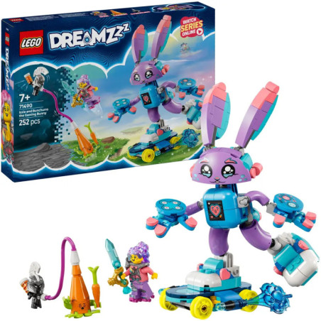 LEGO DREAMZzz Set mit großem lila Roboter-Hasen, zwei Minifiguren und Zubehör vor der Verpackung.