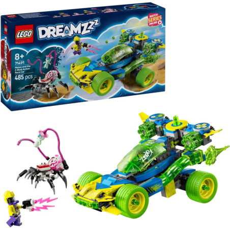 LEGO DREAMZzz Set: grünes und blaues Auto, pinke Spinnen-Kreatur, Minifiguren, ab 8 Jahren.