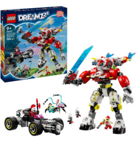 LEGO DREAMZzz Mech-Roboter, Figuren, Auto und Box mit dem aufgebauten Spielzeug und einer Actionszene.