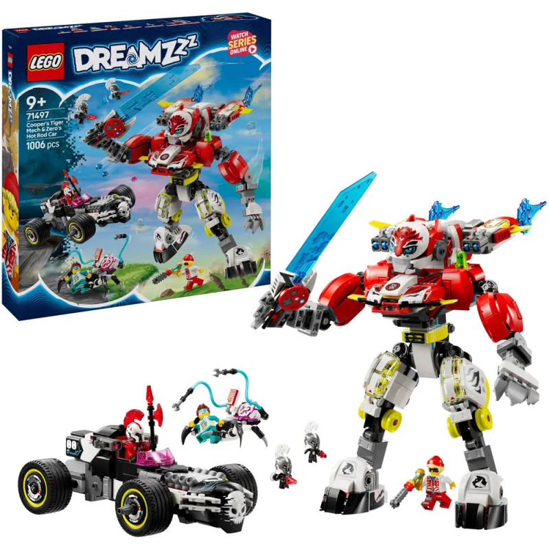 LEGO DREAMZzz Mech-Roboter, Figuren, Auto und Box mit dem aufgebauten Spielzeug und einer Actionszene. LEGO DREAMZzz Mech-Roboter, Figuren, Auto und Box mit dem aufgebauten Spielzeug und einer Actionszene.