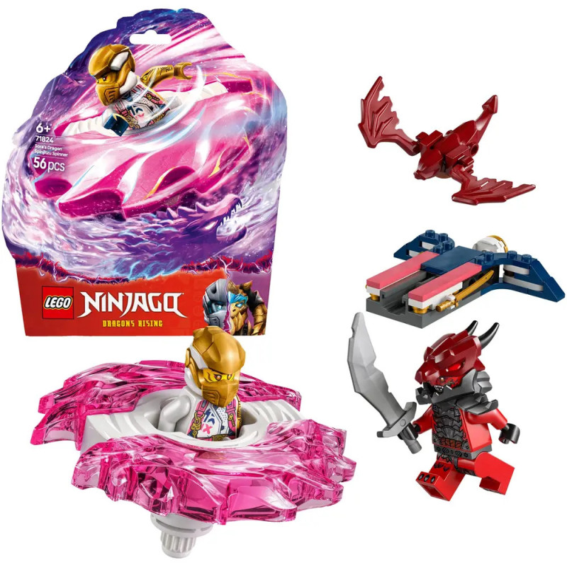LEGO Ninjago Set mit rotierender Figur, rotem Drachen, kleinem Fahrzeug und Minifigur in roter Rüstung mit Schwert.