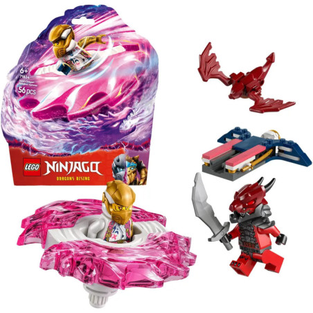 LEGO Ninjago Set mit rotierender Figur, rotem Drachen, kleinem Fahrzeug und Minifigur in roter Rüstung mit Schwert.