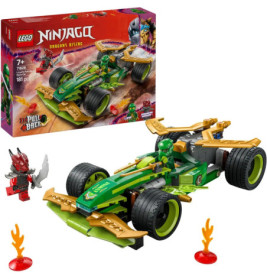 LEGO Ninjago grünes Rennauto-Set mit Minifiguren, Box und Flammenelementen vorne ausgestellt.