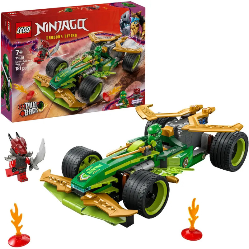 LEGO Ninjago grünes Rennauto-Set mit Minifiguren, Box und Flammenelementen vorne ausgestellt. LEGO Ninjago grünes Rennauto-Set mit Minifiguren, Box und Flammenelementen vorne ausgestellt.