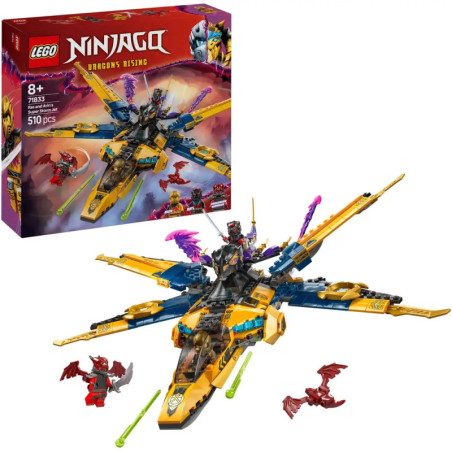 LEGO Ninjago Dragons Rising Set mit Jet, zwei Figuren, zwei Drachenwesen und Box im Hintergrund.