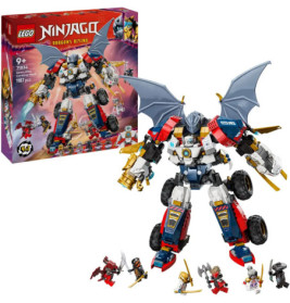LEGO Ninjago Set mit großem, drachenähnlichem Mech, Minifiguren und Produktbox im Hintergrund.
