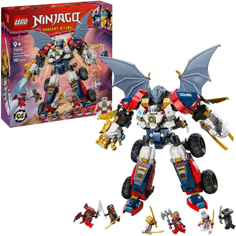 LEGO Ninjago Set mit großem, drachenähnlichem Mech, Minifiguren und Produktbox im Hintergrund. LEGO Ninjago Set mit großem, drachenähnlichem Mech, Minifiguren und Produktbox im Hintergrund.