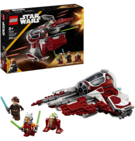 LEGO Star Wars Jedi Interceptor Set mit Raumschiff, drei Minifiguren, einem Droiden und Verpackung im Hintergrund.