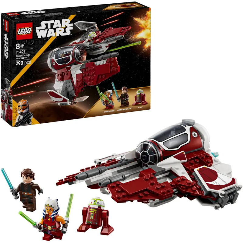 LEGO Star Wars Jedi Interceptor Set mit Raumschiff, drei Minifiguren, einem Droiden und Verpackung im Hintergrund. LEGO Star Wars Jedi Interceptor Set mit Raumschiff, drei Minifiguren, einem Droiden und Verpackung im Hintergrund.