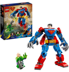 LEGO Superman-Roboterfigur und Lex Luthor-Minifigur vor Set-Box mit Abbildungen der Modelle und Artwork.