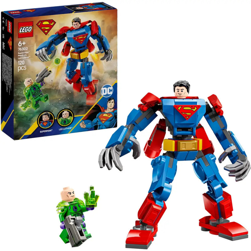 LEGO Superman-Roboterfigur und Lex Luthor-Minifigur vor Set-Box mit Abbildungen der Modelle und Artwork. LEGO Superman-Roboterfigur und Lex Luthor-Minifigur vor Set-Box mit Abbildungen der Modelle und Artwork.