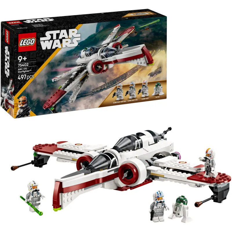 LEGO Star Wars Set mit Sternenjäger, vier Minifiguren und Verpackung mit Action-Illustration des Schiffs. LEGO Star Wars Set mit Sternenjäger, vier Minifiguren und Verpackung mit Action-Illustration des Schiffs.