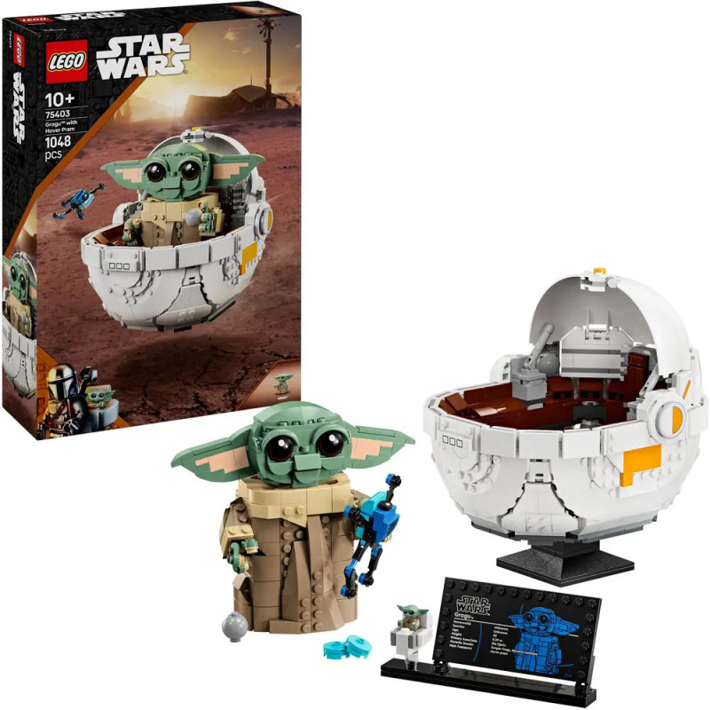 LEGO Star Wars Set mit baubarer Baby Yoda Figur, Pod, Infotafel und Verpackung im Hintergrund. LEGO Star Wars Set mit baubarer Baby Yoda Figur, Pod, Infotafel und Verpackung im Hintergrund.