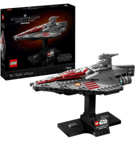 LEGO Star Wars Acclamator-Klasse Angriffsschiff mit 450 Teilen auf Ständer, Schachtel im Hintergrund.