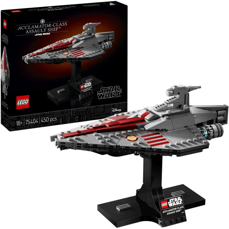 LEGO Star Wars Acclamator-Klasse Angriffsschiff mit 450 Teilen auf Ständer, Schachtel im Hintergrund. LEGO Star Wars Acclamator-Klasse Angriffsschiff mit 450 Teilen auf Ständer, Schachtel im Hintergrund.