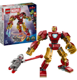 LEGO Marvel Iron Man Mech und Ultron Figuren-Set, 101 Teile, ab 6 Jahren, abgebildet mit Verpackung.