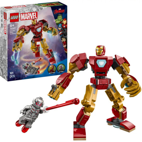 LEGO Marvel Iron Man Mech und Ultron Figuren-Set, 101 Teile, ab 6 Jahren, abgebildet mit Verpackung.
