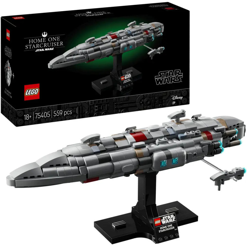 LEGO Star Wars Home One Starcruiser auf Ständer, mit Verpackung im Hintergrund ausgestellt.