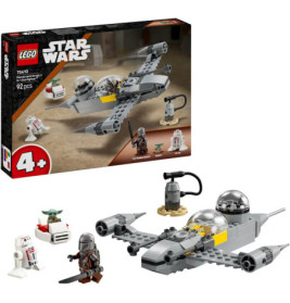 LEGO Star Wars Set mit Raumschiff, Mandalorianer-, Grogu- und Druidenfiguren, Verpackung im Hintergrund.