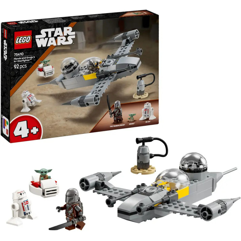 LEGO Star Wars Set mit Raumschiff, Mandalorianer-, Grogu- und Druidenfiguren, Verpackung im Hintergrund.